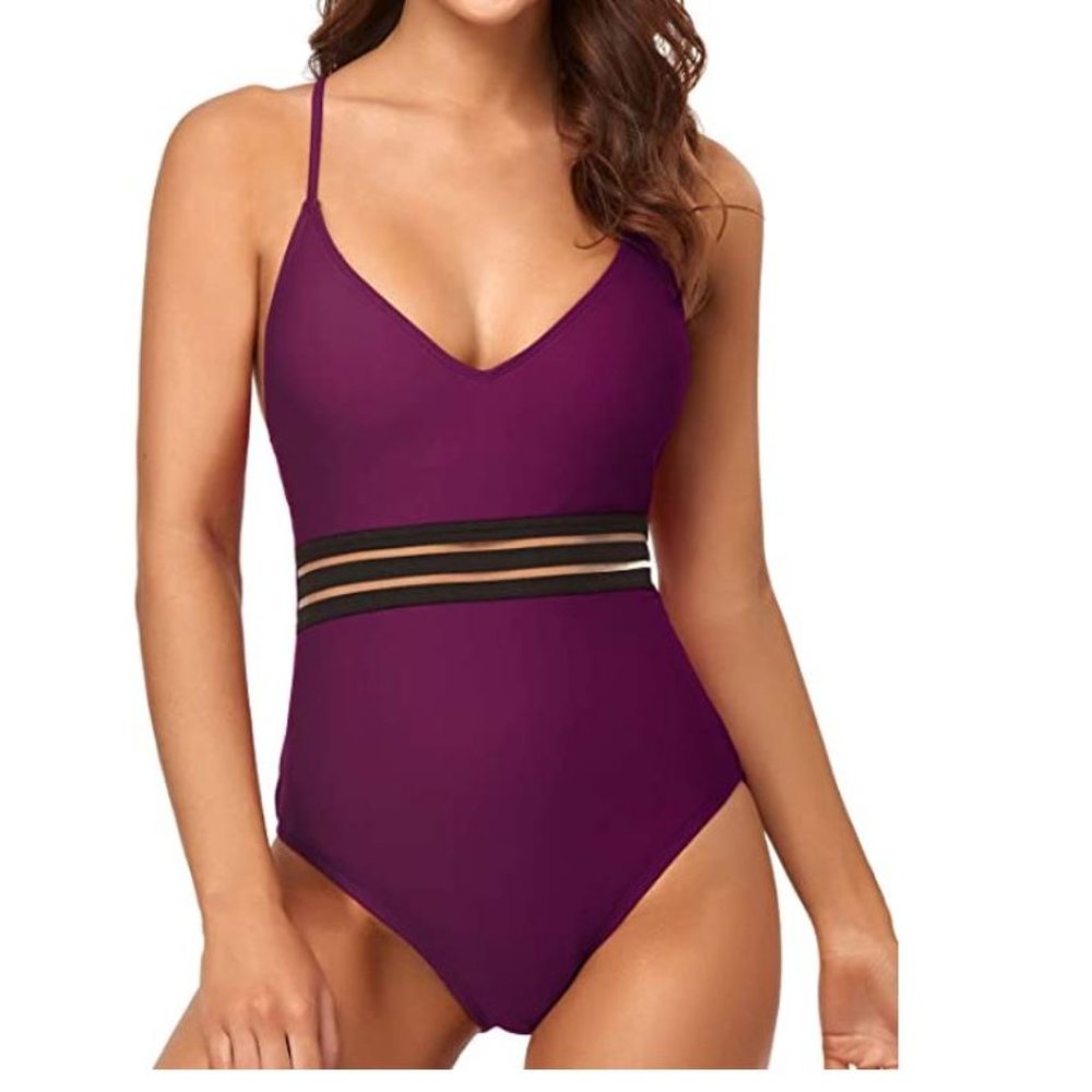 Cillet Womens Sexy V Neck Swimsuits Mesh Halter One Piece Bathing Suits in Med